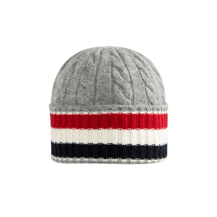Thom Browne Cable And Rib Beanie In Merino Wool W/ RWB Stripe 'Light Grey'