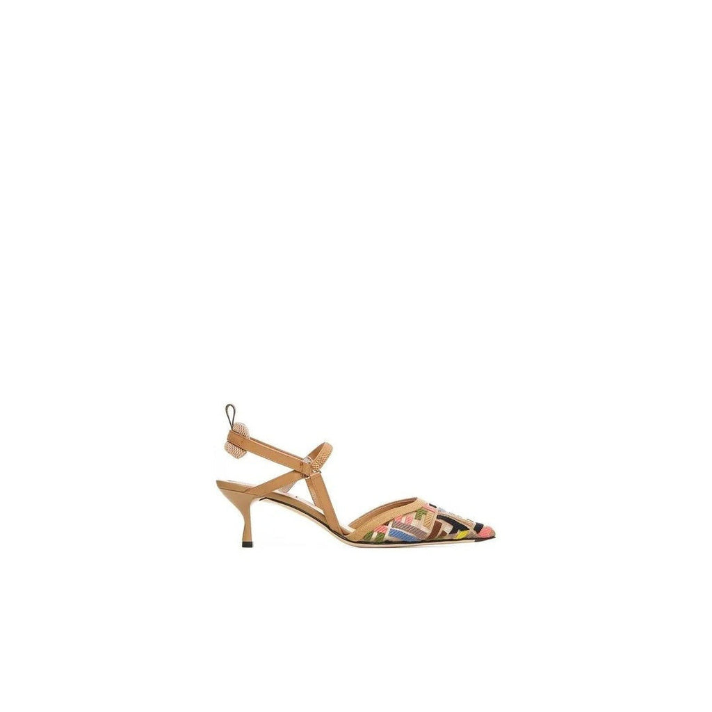 FENDI 85MM COLIBRÌ MIXED-MEDIA ICONIC SLINGBACK PUMPS MULTICOLOR & TAN