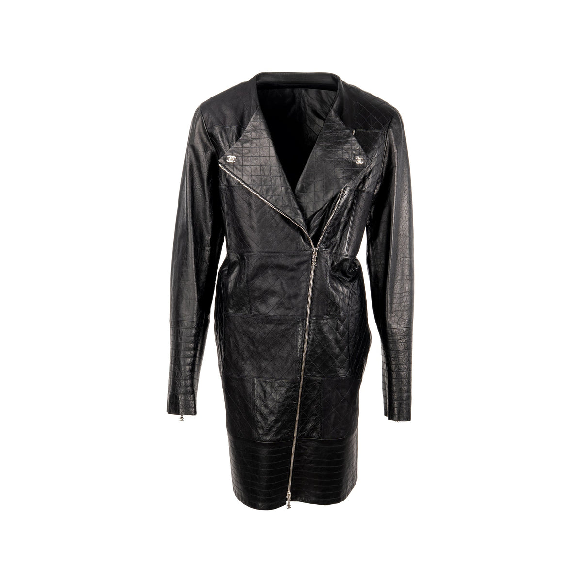 chanel-size-44-quilted-long-coat-leather-black