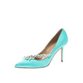 MANOLO BLAHNIK SATIN JEWEL NADIRA POINTED TOE PUMPS TURQUOISE