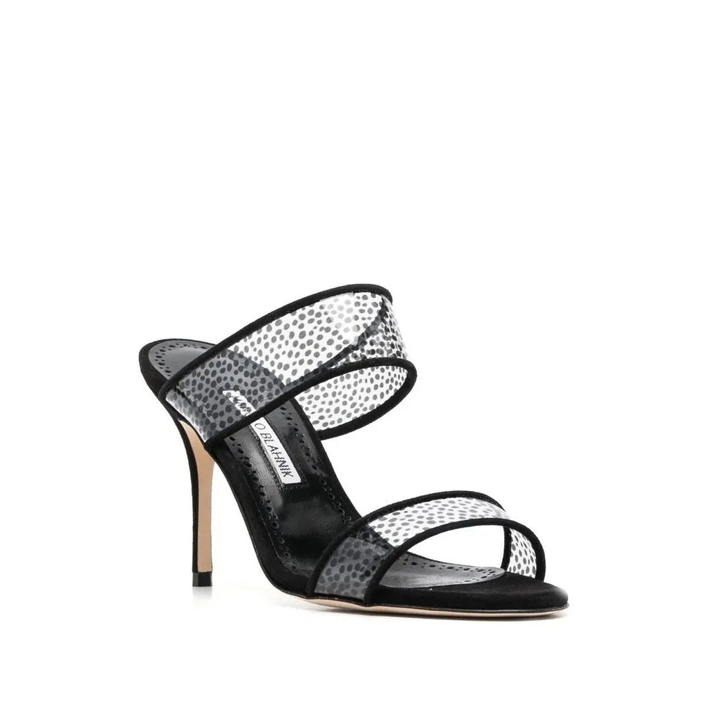 MANOLO BLAHNIK JADARON POLKA-DOT SILK HEELED SANDALS BLACK & WHITE