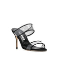MANOLO BLAHNIK JADARON POLKA-DOT SILK HEELED SANDALS BLACK & WHITE