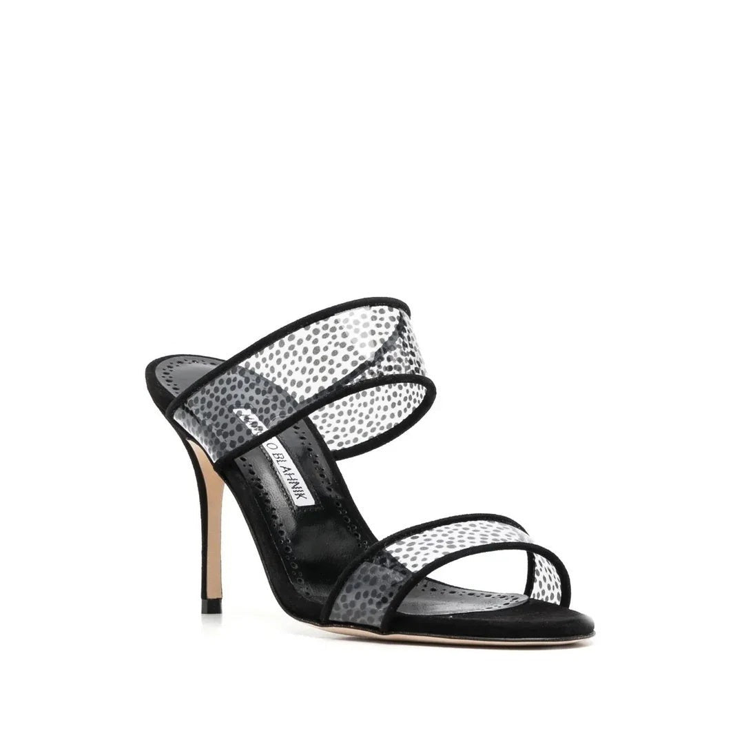 MANOLO BLAHNIK JADARON POLKA-DOT SILK HEELED SANDALS BLACK & WHITE