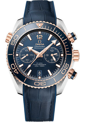 omega-planet-ocean-600-m-omega-co-axial-master-chronometer-chronograph-watch-45-5-mm-sedna-gold-and-steel-case-unidirectional-blue-ceramic-bezel-blue-ceramic-dial-blue-leather-strap-215-23-46-51-03-001