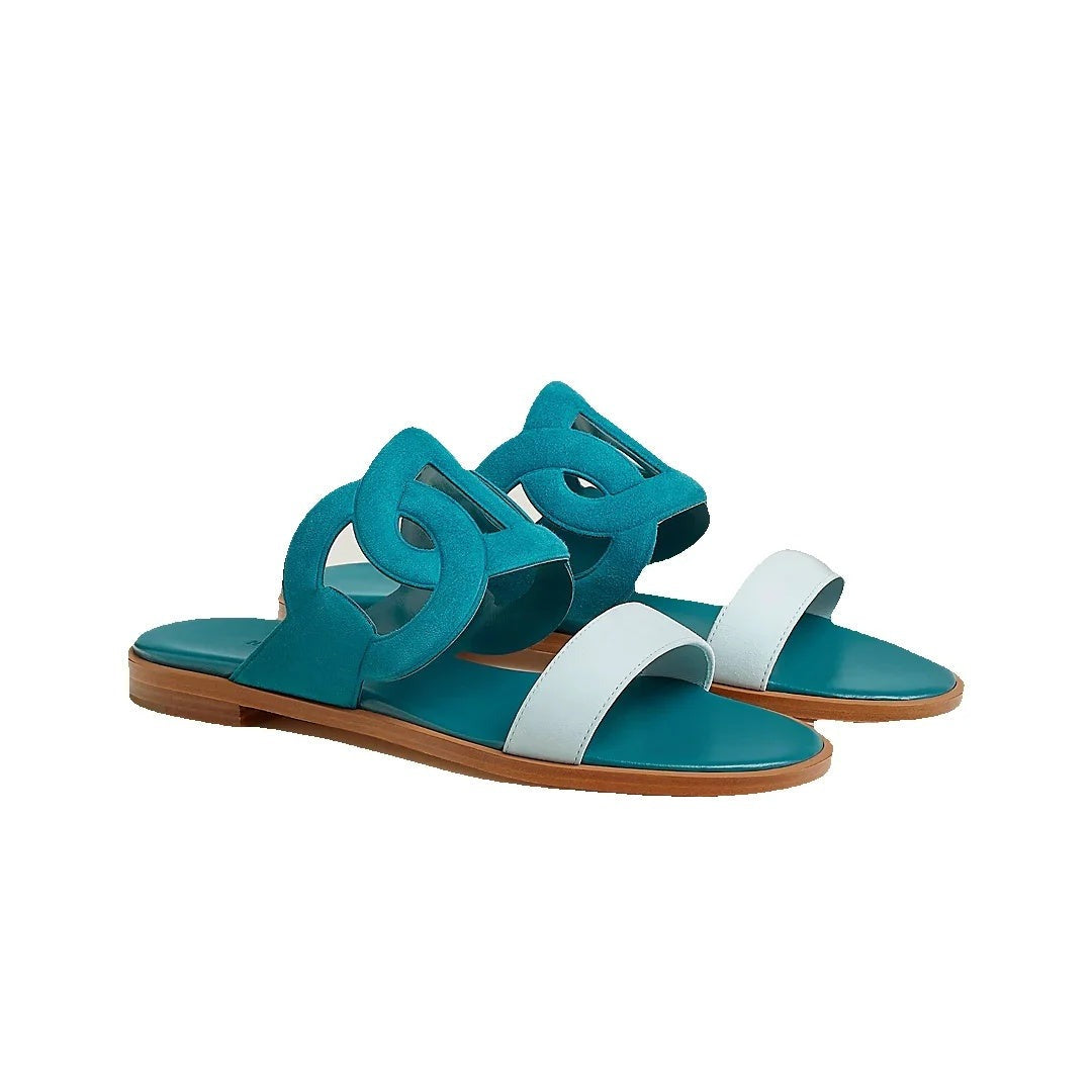 HERMÈS LAGUNE SANDAL BEIGE TEAL & WHITE