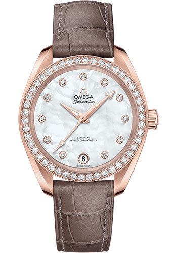 omega-seamaster-aqua-terra-150m-co-axial-master-chronometer-watch-34-mm-sedna-gold-case-diamond-set-bezel-white-mother-of-pearl-diamond-dial-taupe-brown-leather-strap-220-58-34-20-55-001