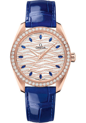 omega-seamaster-aqua-terra-150m-omega-co-axial-master-chronometer-ladies-38-mm-sedna-gold-case-diamond-bezel-white-diamond-wave-sapphire-dial-glossy-blue-leather-strap-220-58-38-20-99-005
