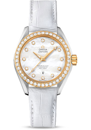 omega-seamaster-aqua-terra-150-m-master-co-axial-watch-34-mm-steel-case-yellow-gold-bezel-mother-of-pearl-diamond-dial-white-leather-strap-231-28-34-20-55-004