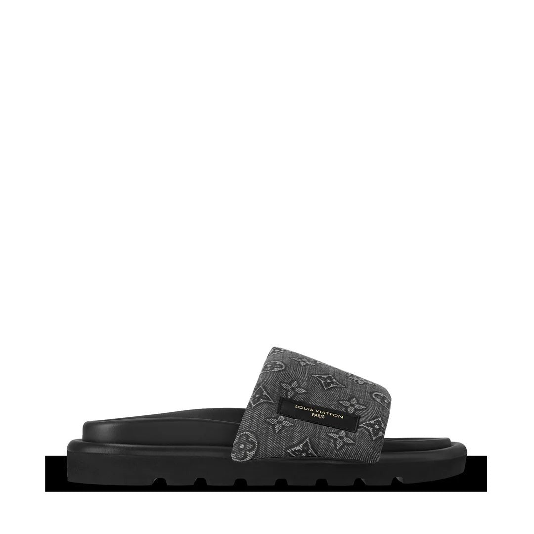 LOUIS VUITTON LAMBSKIN EMBOSSED MONOGRAM POOL PILLOW FLAT COMFORT MULE GREY & BLACK DENIM MONOGRAM