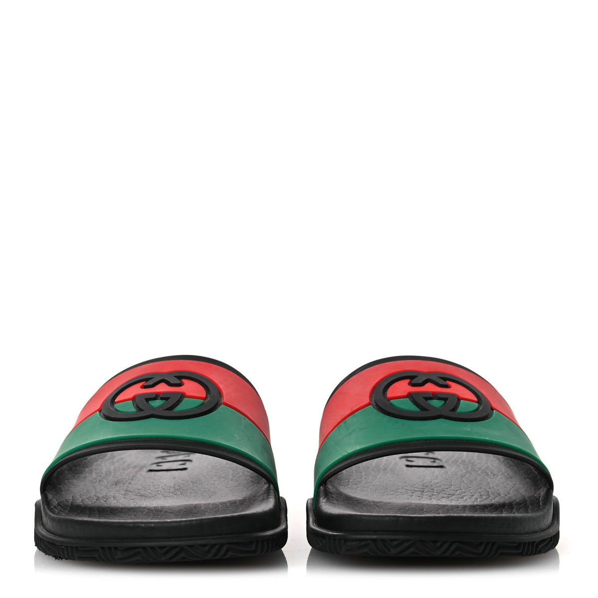 GUCCI RUBBER WEB INTERLOCKING G SLIDE SANDALS BLACK GREEN WHITE
