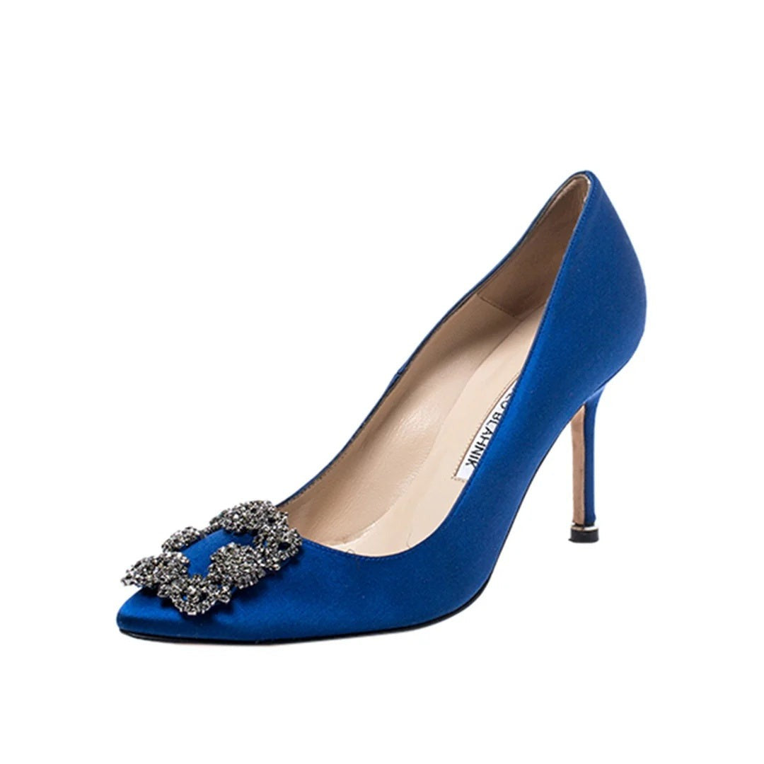 MANOLO BLAHNIK BB POINTED-TOE PUMPS BLUE WITH CRYSTAL EMBELLISHMENT (HANGISI)