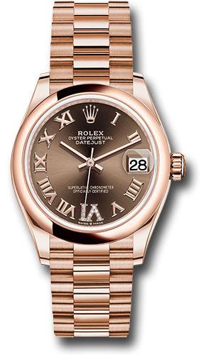 rolex-everose-gold-datejust-31-watch-domed-bezel-chocolate-diamond-six-dial-president-bracelet-278245-chodr6p