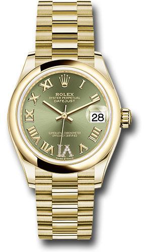 rolex-yellow-gold-datejust-31-watch-domed-bezel-olive-green-diamond-six-dial-president-bracelet-278248-ogdr6p