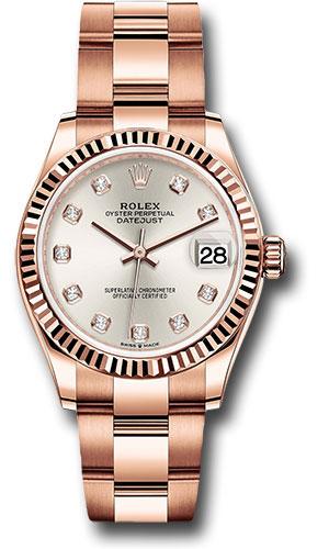 rolex-everose-gold-datejust-31-watch-fluted-bezel-silver-diamond-dial-oyster-bracelet-278275-sdo