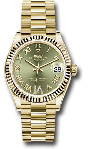 rolex-yellow-gold-datejust-31-watch-fluted-bezel-olive-green-diamond-six-dial-president-bracelet-278278-ogdr6p