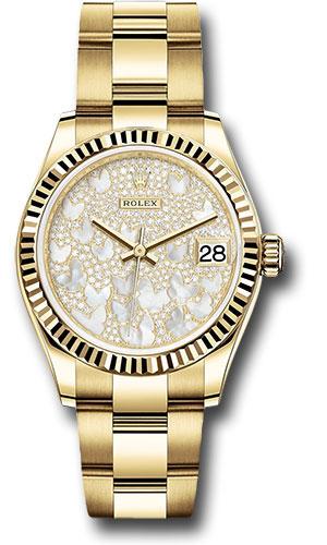 rolex-yellow-gold-datejust-31-watch-fluted-bezel-paved-mother-of-pearl-butterfly-dial-oyster-bracelet-278278-pmopbo