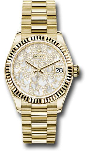 rolex-yellow-gold-datejust-31-watch-fluted-bezel-paved-mother-of-pearl-butterfly-dial-president-bracelet-278278-pmopbp