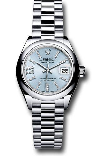 rolex-platinum-lady-datejust-28-watch-domed-bezel-ice-blue-diamond-index-dial-president-bracelet-279166-ib36dix8dp