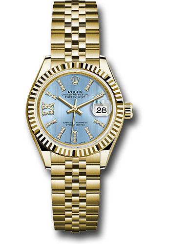 rolex-yellow-gold-lady-datejust-28-watch-fluted-bezel-cornflower-blue-stripe-diamond-index-dial-jubilee-bracelet-279178-cbls36dix8dj