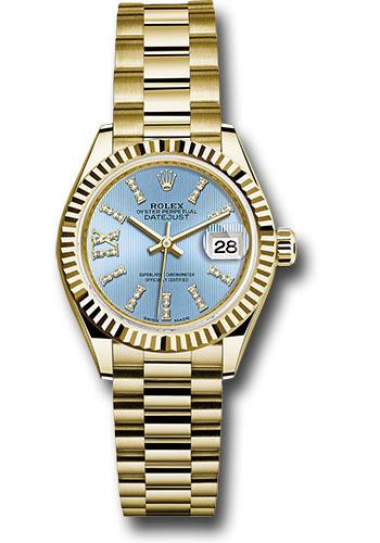 rolex-yellow-gold-lady-datejust-28-watch-fluted-bezel-cornflower-blue-stripe-diamond-index-dial-president-bracelet-279178-cbls36dix8dp