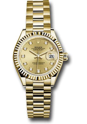 rolex-yellow-gold-lady-datejust-28-watch-fluted-bezel-champagne-diamond-dial-president-bracelet-279178-chdp