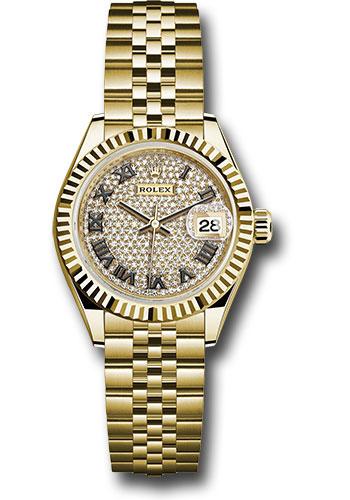 rolex-yellow-gold-lady-datejust-28-watch-fluted-bezel-diamond-paved-roman-dial-jubilee-bracelet-279178-dprj