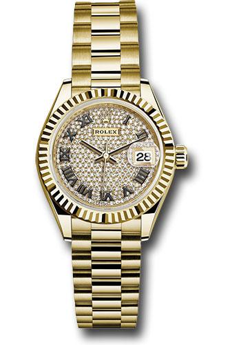rolex-yellow-gold-lady-datejust-28-watch-fluted-bezel-diamond-paved-roman-dial-president-bracelet-279178-dprp