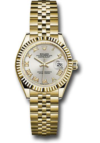 rolex-yellow-gold-lady-datejust-28-watch-fluted-bezel-silver-roman-dial-jubilee-bracelet-279178-srj