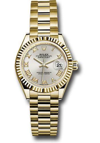 rolex-yellow-gold-lady-datejust-28-watch-fluted-bezel-silver-roman-dial-president-bracelet-279178-srp