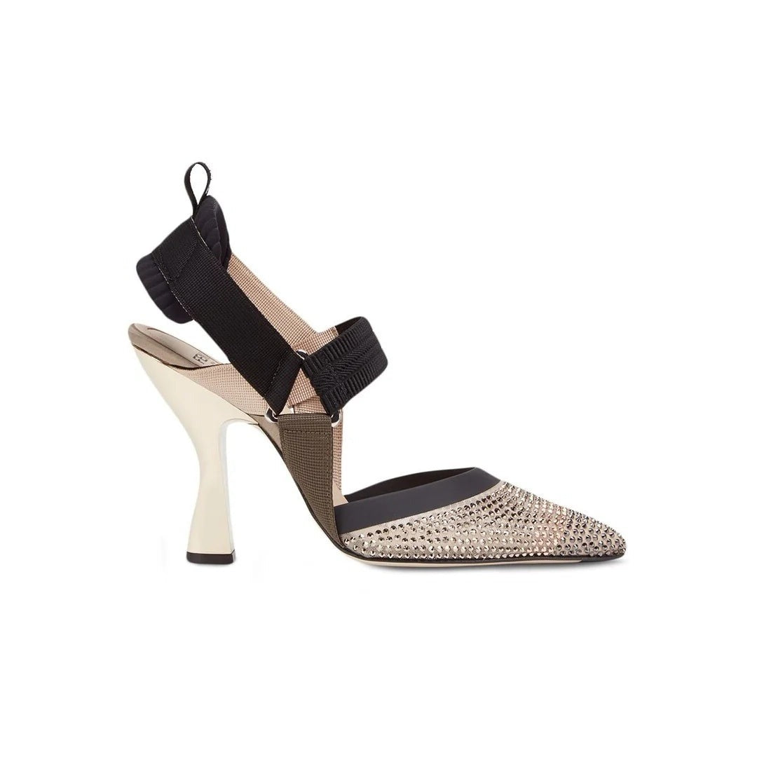 FENDI 85MM COLIBRÌ MIXED-MEDIA ICONIC SLINGBACK PUMPS BLACK & BEIGE