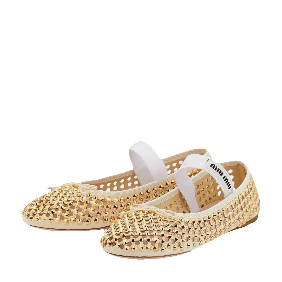 MIU MIU NAPPA RUCHED BALLET FLATS GOLD WITH STUDS