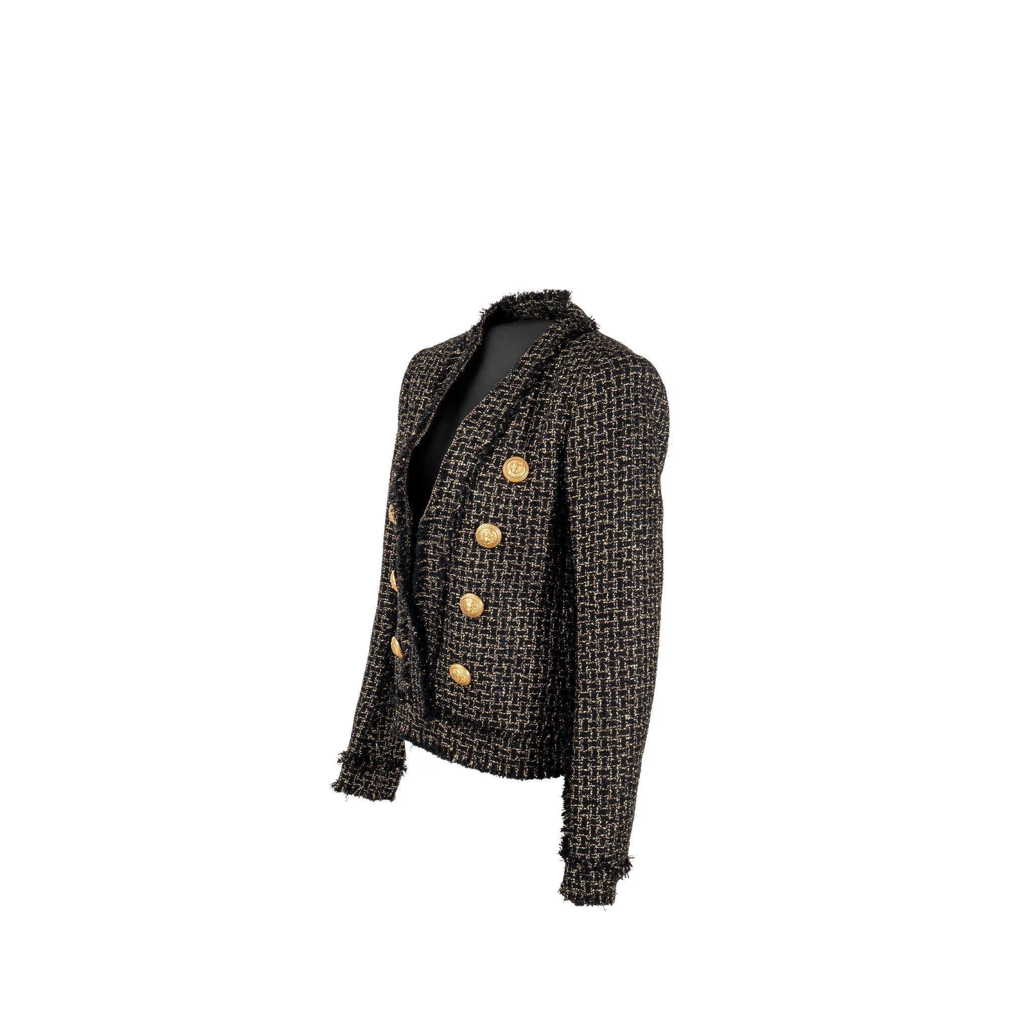 balmain-size-42-double-breasted-tweed-jacket-viscose-polyester-cotton-black-gold-ghw