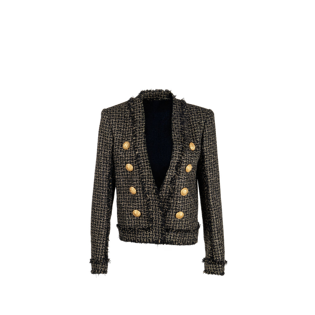 balmain-size-42-double-breasted-tweed-jacket-viscose-polyester-cotton-black-gold-ghw
