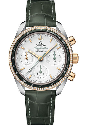 omega-speedmaster-38-co-axial-chronograph-watch-38-mm-steel-and-yellow-gold-case-dual-diamond-bezel-silvery-dial-green-leather-strap-324-28-38-50-02-001