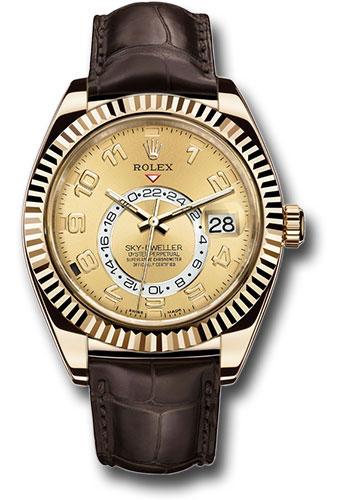 rolex-yellow-gold-sky-dweller-watch-champagne-arabic-dial-brown-leather-strap-326138-ch
