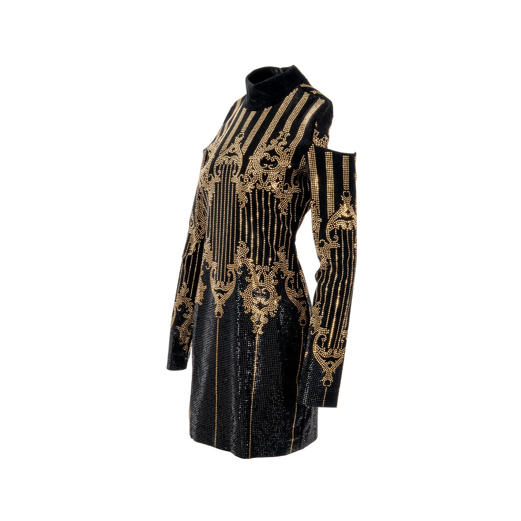 balmain-size-38-open-shoulder-velvet-dress-cotton-elastan-black