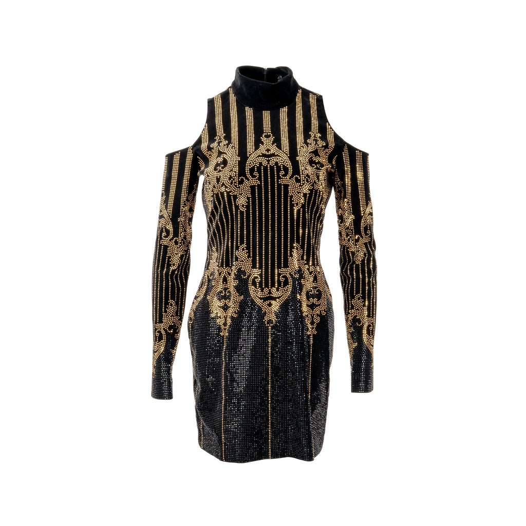 balmain-size-38-open-shoulder-velvet-dress-cotton-elastan-black