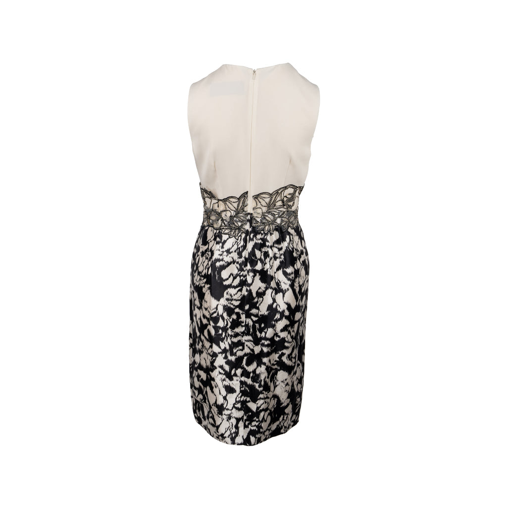 max-mara-size-36-embroidered-waist-detailed-sleeveless-sheath-dress-silk-white-black