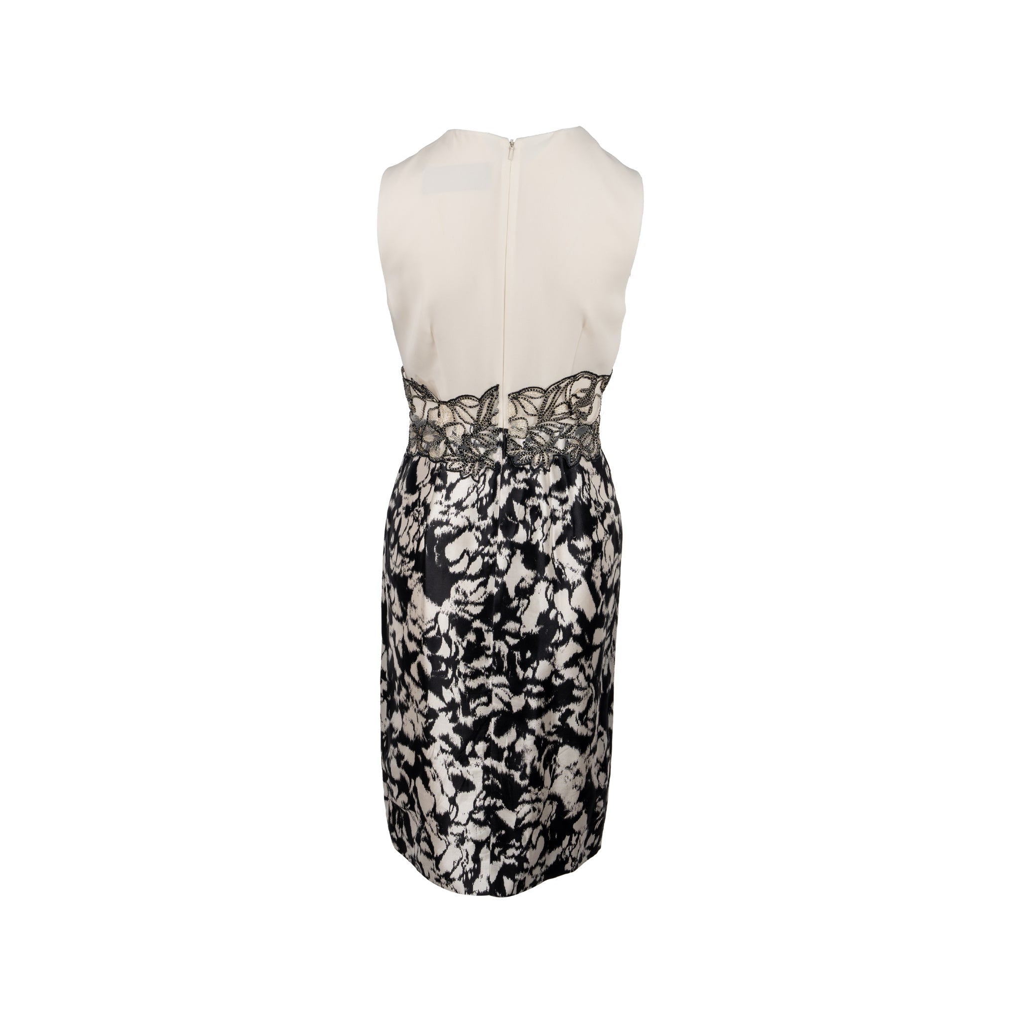 max-mara-size-36-embroidered-waist-detailed-sleeveless-sheath-dress-silk-white-black