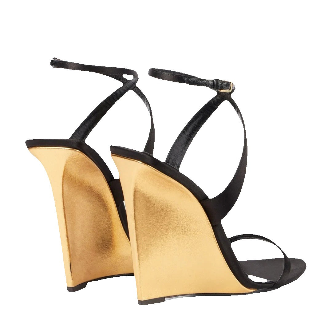 SAINT LAURENT EMILIE CRYSTAL-LOGO SANDALS BLACK & GOLD