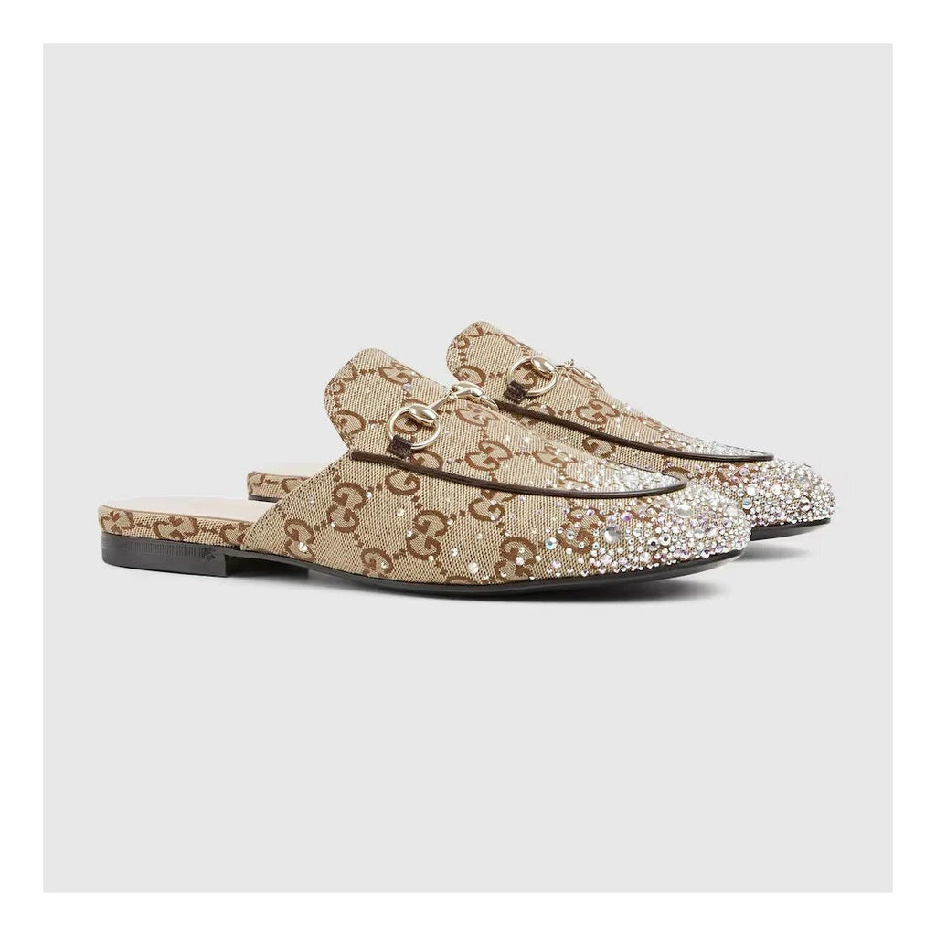 GUCCI GLITTER PRINCETOWN SLIPPERS BEIGE & BROWN GG