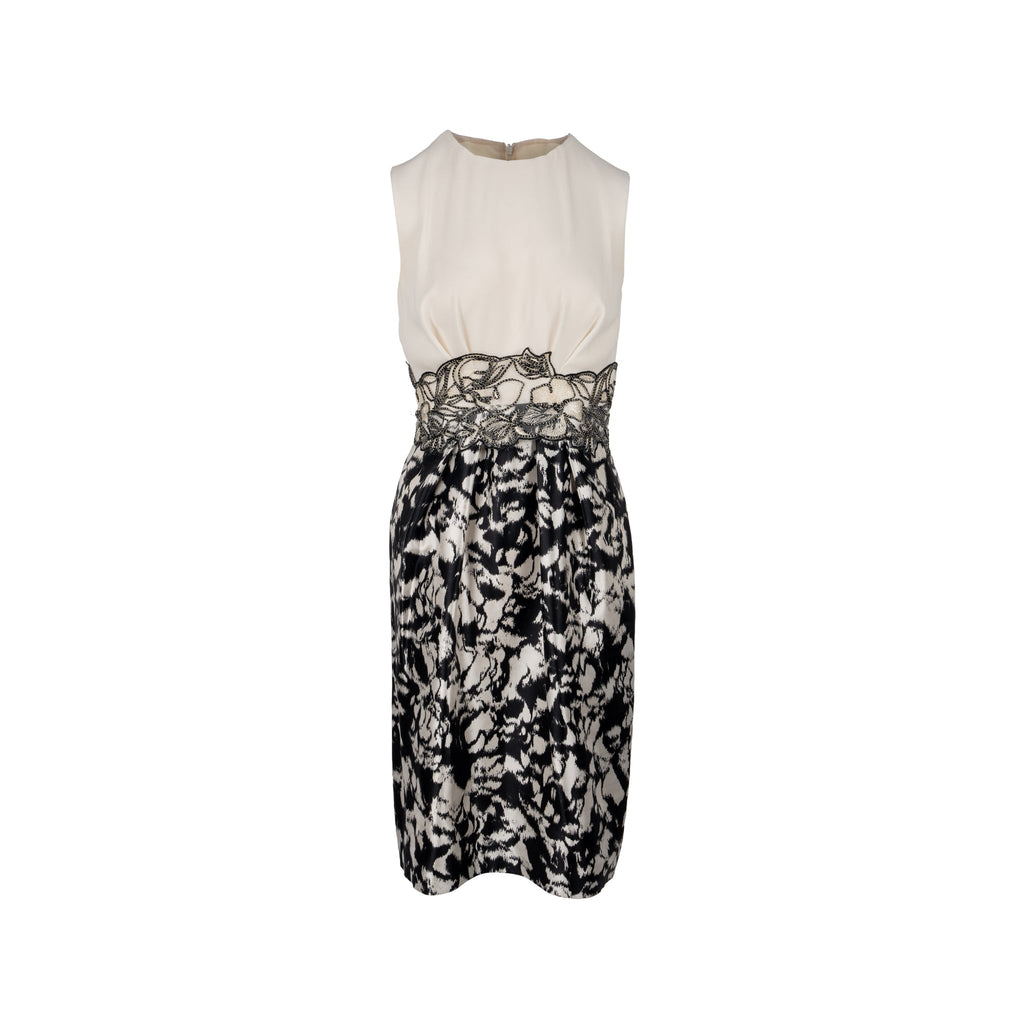max-mara-size-36-embroidered-waist-detailed-sleeveless-sheath-dress-silk-white-black