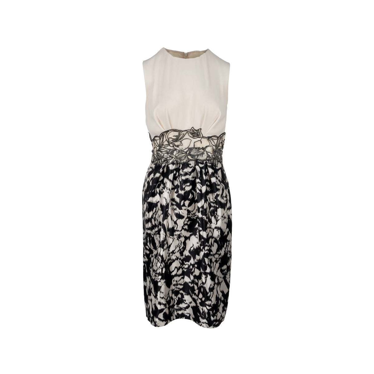 max-mara-size-36-embroidered-waist-detailed-sleeveless-sheath-dress-silk-white-black