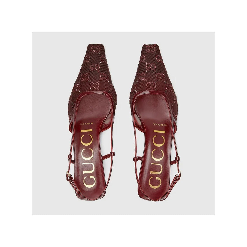 GUCCI CRYSTAL GG MONOGRAM SLINGBACK PUMPS BURGUNDY & RED