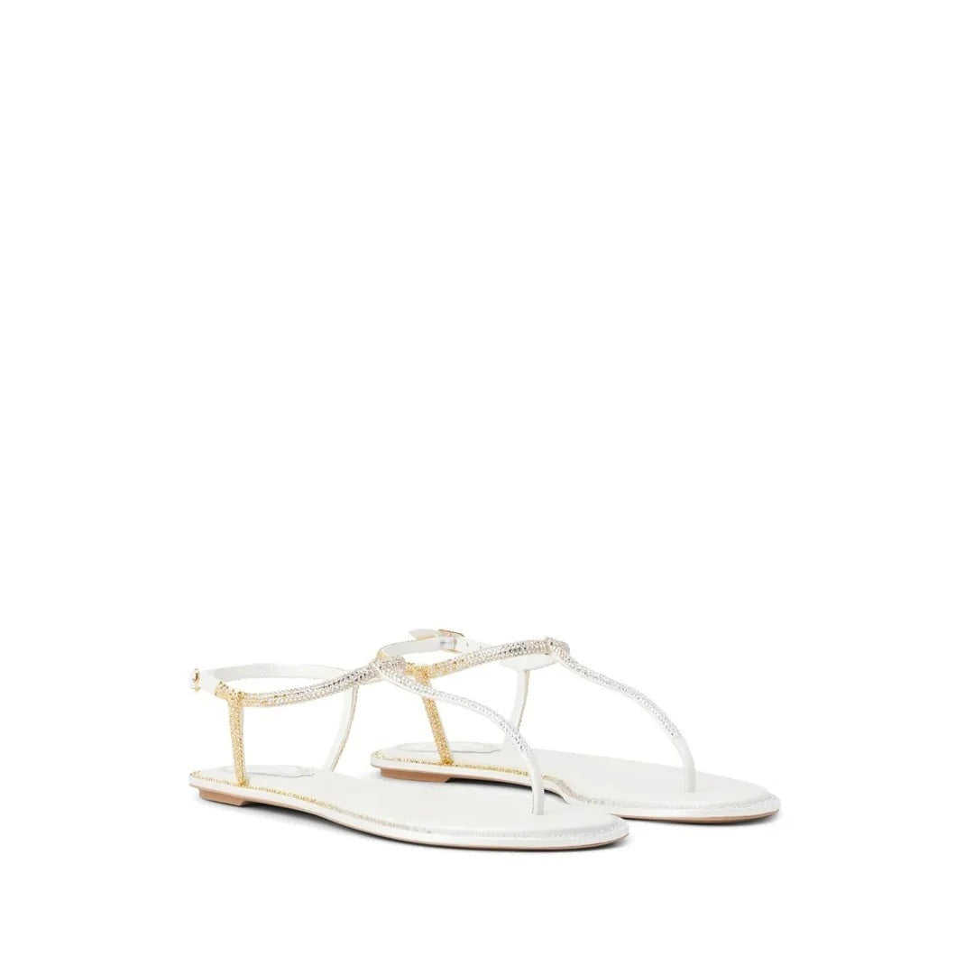 RENÉ CAOVILLA DIANA CRYSTAL FLAT SANDAL WHITE & GOLD