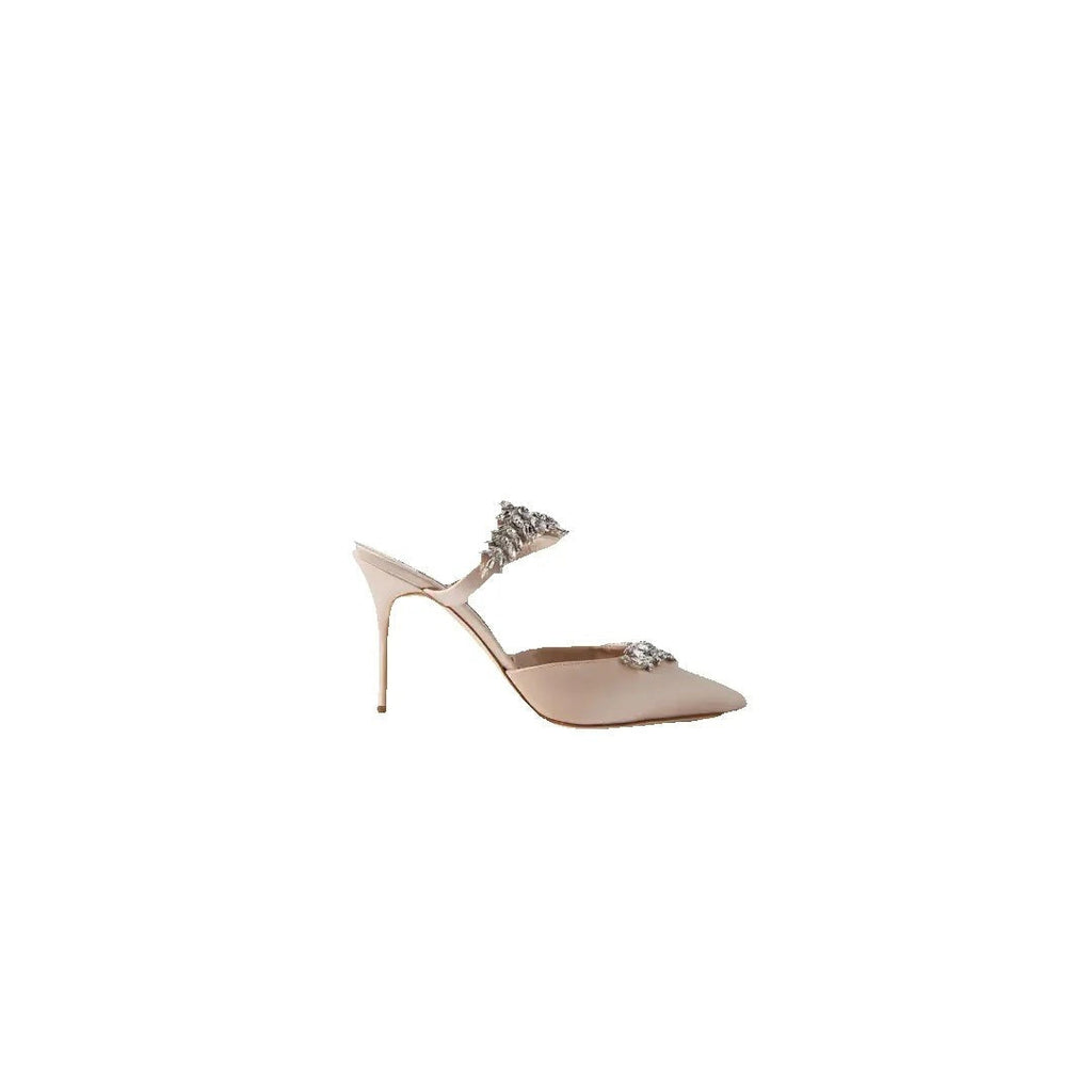 MANOLO BLAHNIK LURUM EMBELLISHED SATIN MULES NUDE & PINK