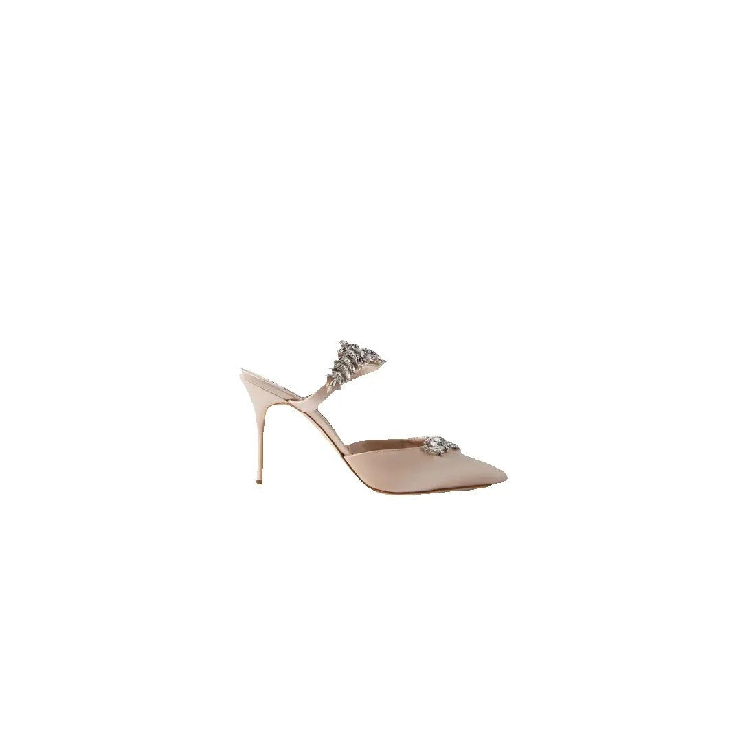 MANOLO BLAHNIK LURUM EMBELLISHED SATIN MULES NUDE & PINK