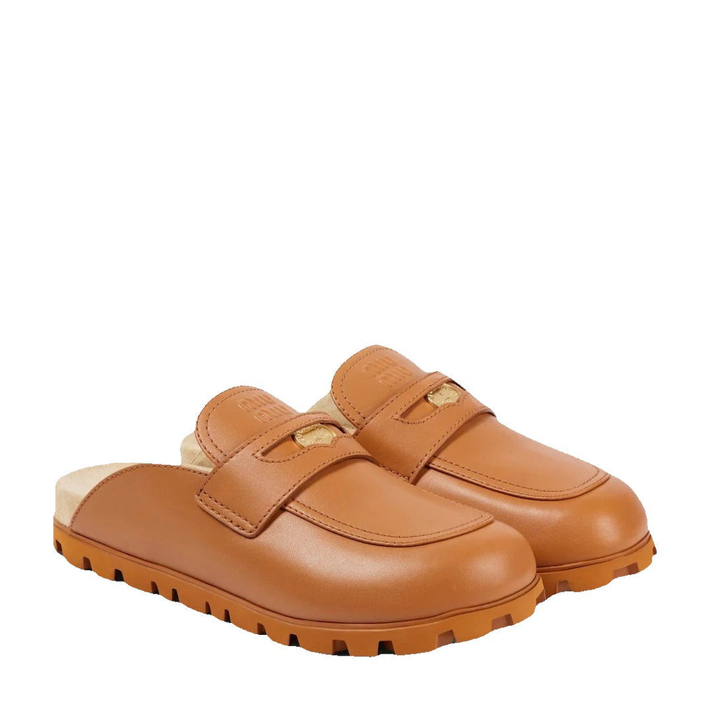 MIU MIU BOS TAURUS CALF LEATHER MULES BROWN & TAN