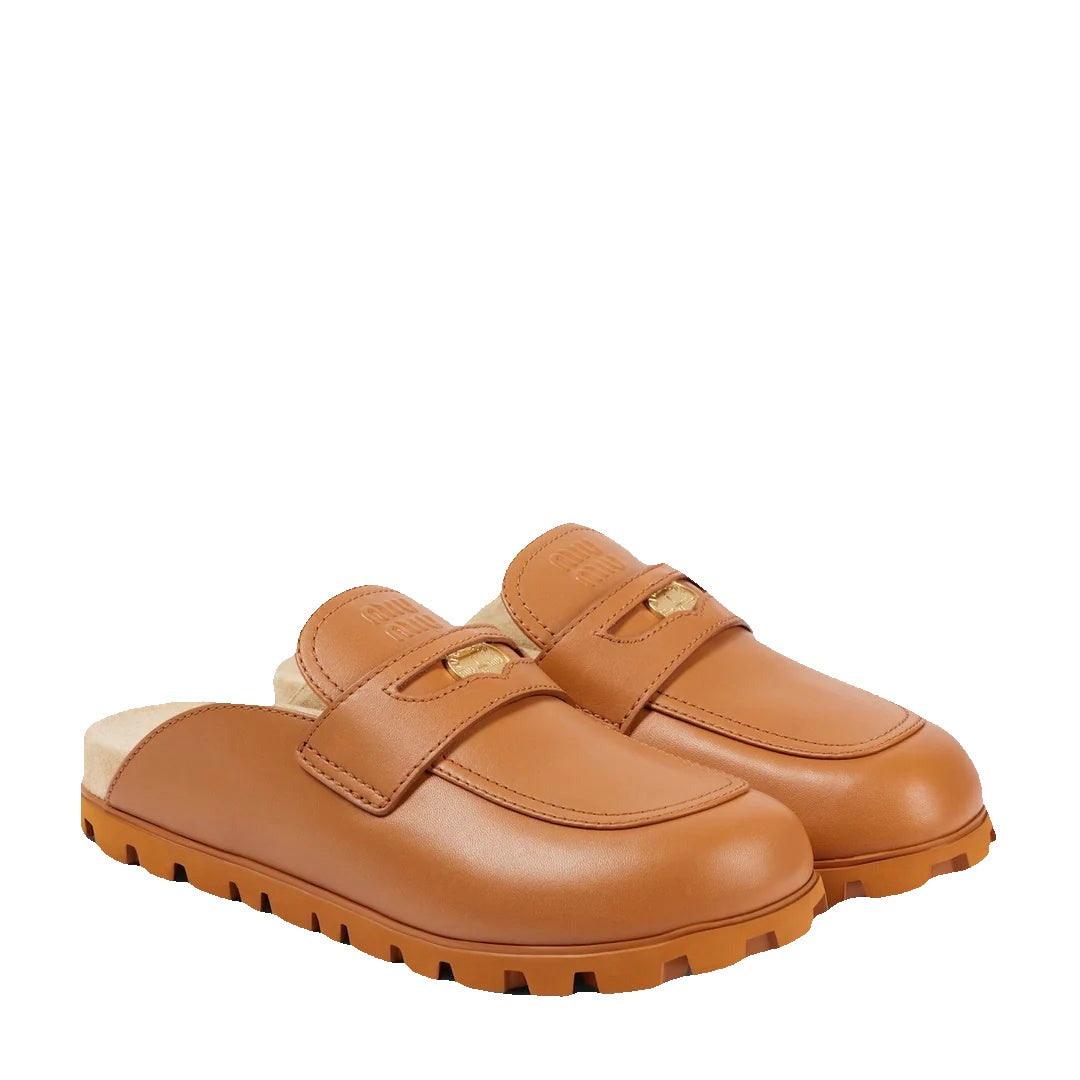 MIU MIU FOULE LEATHER MULES TAN & BROWN
