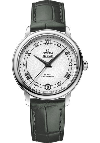 omega-de-ville-prestige-co-axial-watch-32-7-mm-steel-case-white-silvery-dial-hunter-green-leather-strap-424-13-33-20-52-002